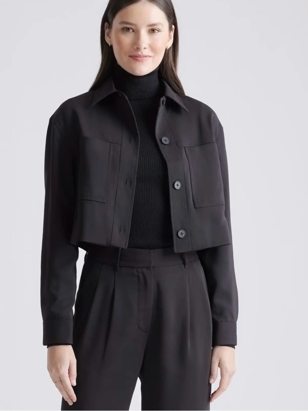 Quince Stretch Crepe Black Cropped Button Down Jacket Size Large